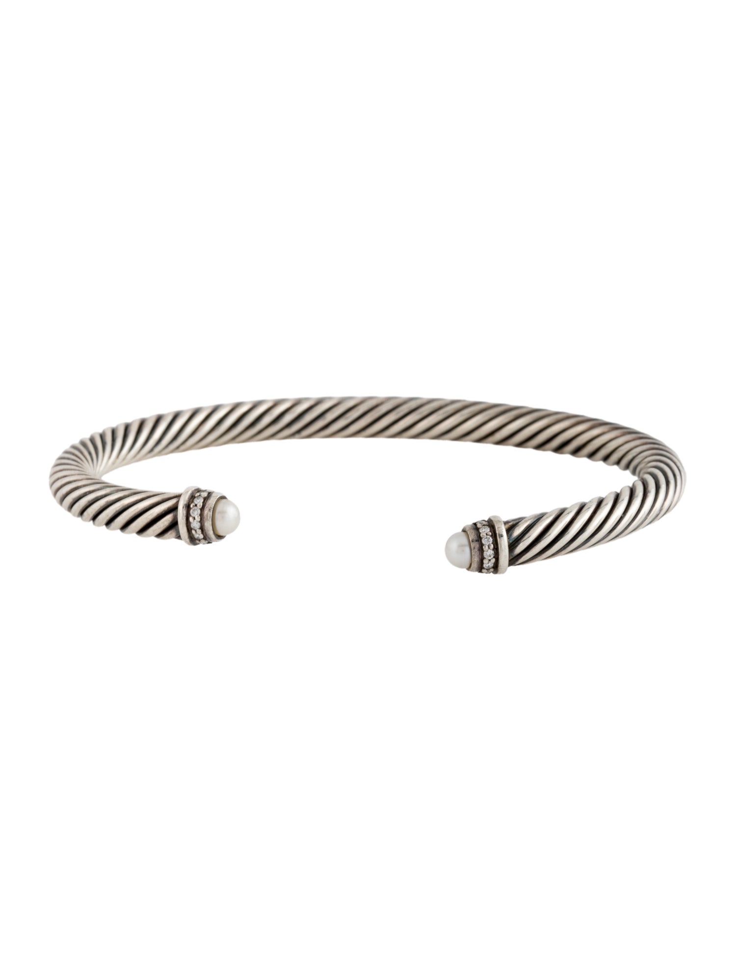 David Yurman Diamond & Pearl Cable Cuff Bracelet