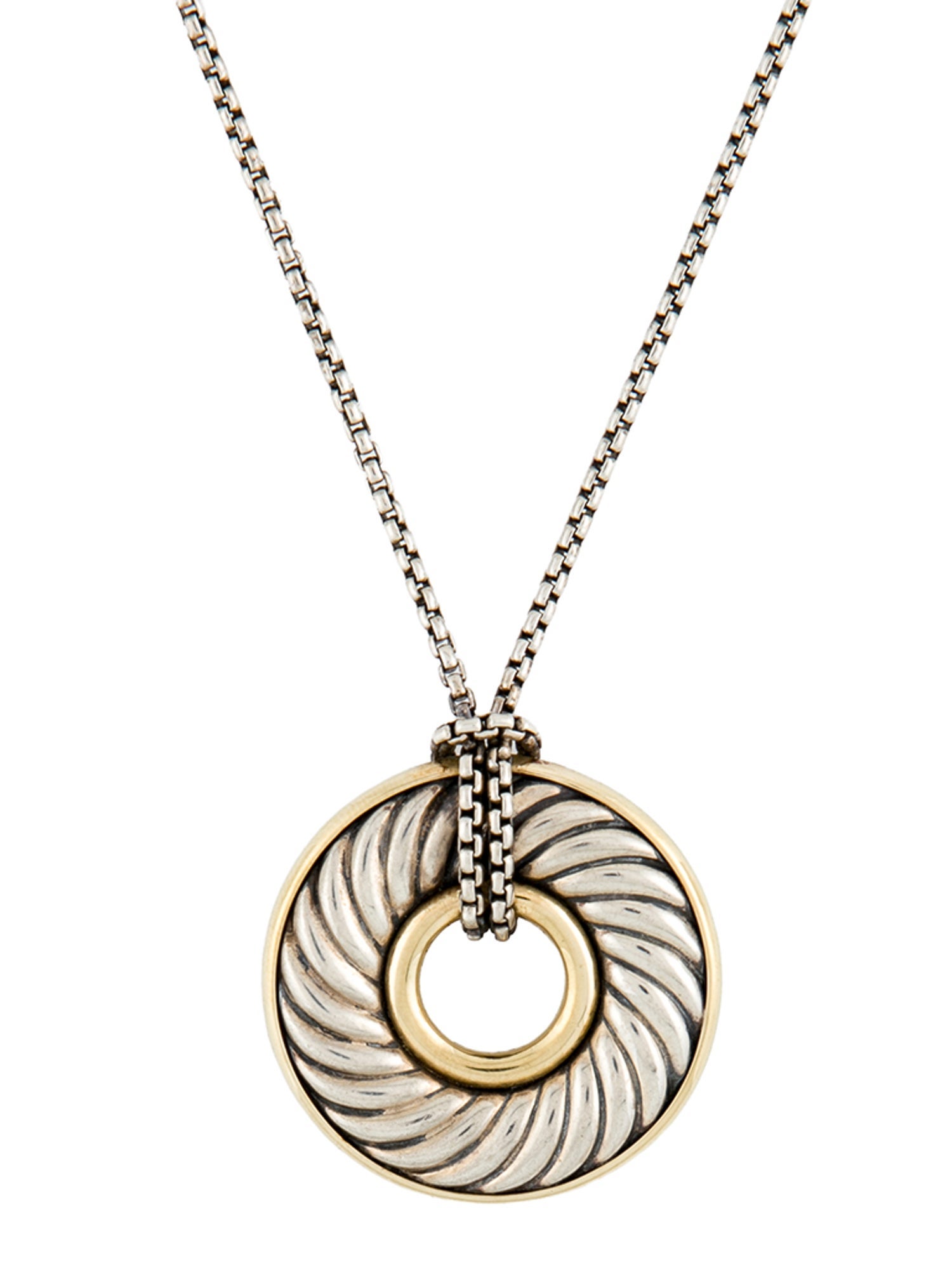 David Yurman Two-Tone Thoroughbred Carved Cable Circle Pendant Necklace