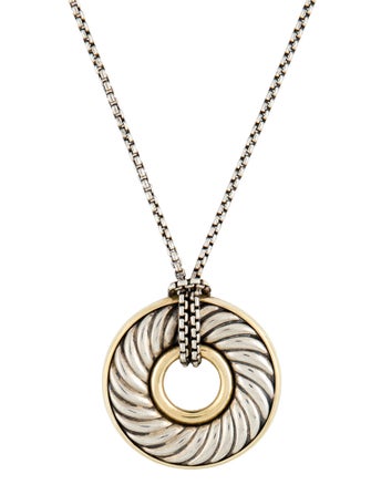 David Yurman Two-Tone Thoroughbred Carved Cable Circle Pendant Necklace