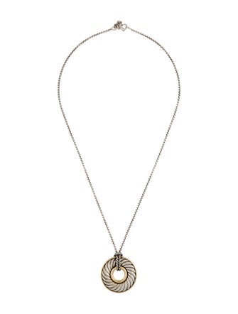David Yurman Two-Tone Thoroughbred Carved Cable Circle Pendant Necklace