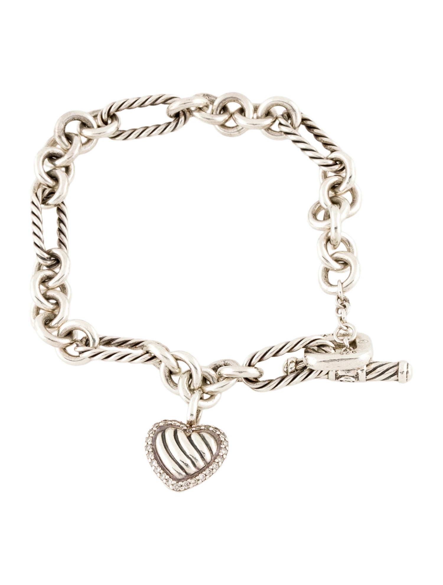 David Yurman Diamond Heart Charm Figaro Link Bracelet