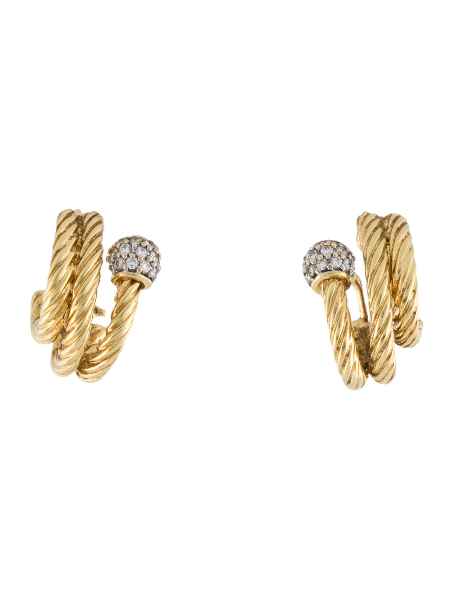 David Yurman 18K Diamond Cable Ball Earclip Earrings