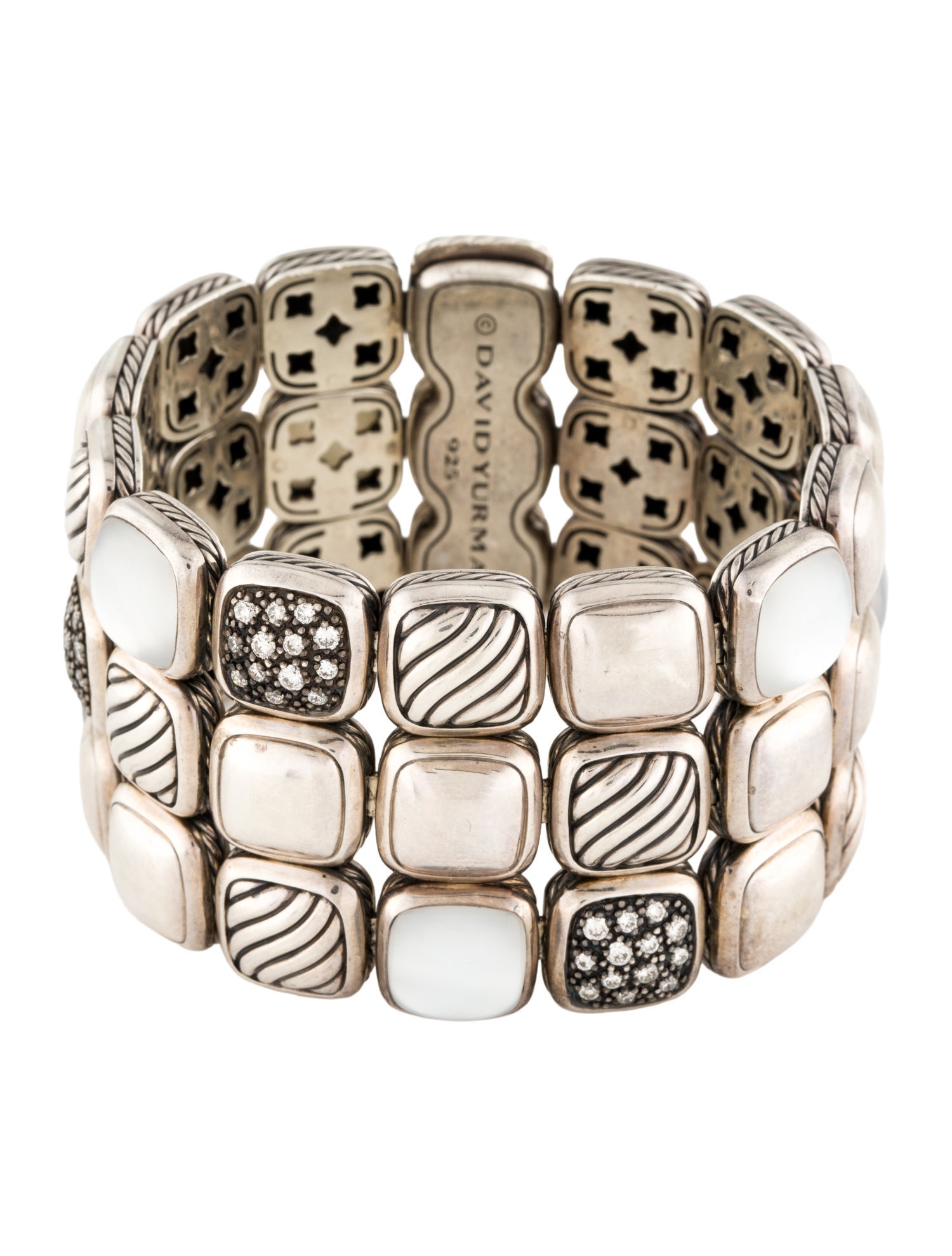 David Yurman Mother of Pearl Quartz Doublet & Diamond Chiclet Three-Row Bracelet