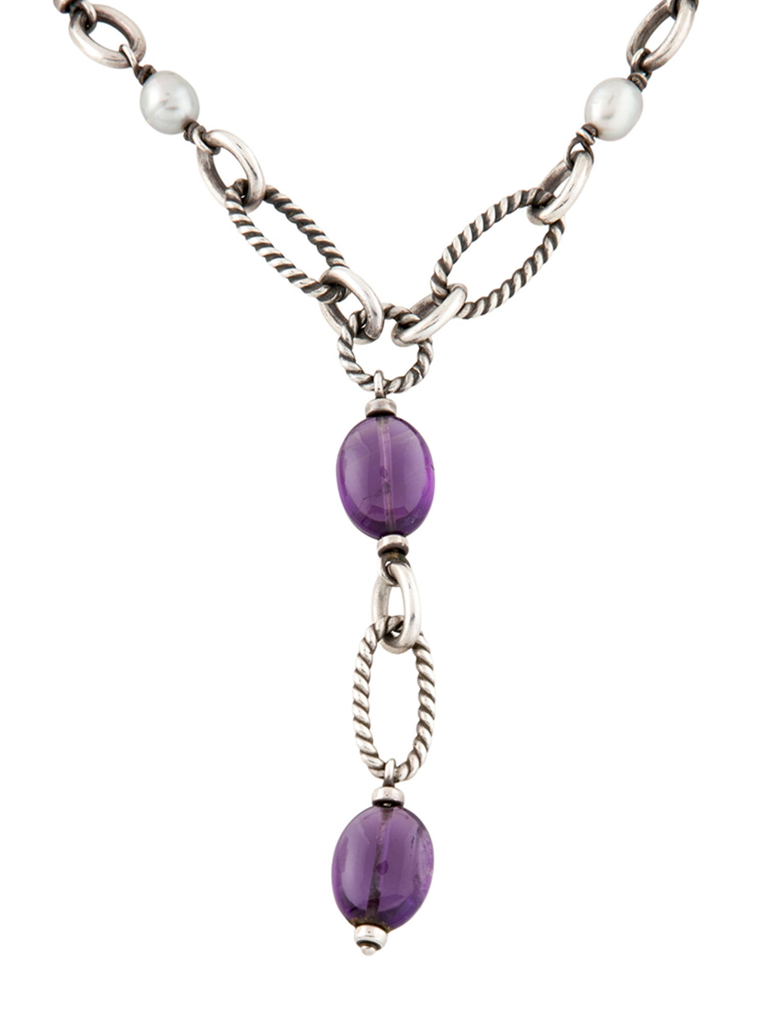 David Yurman Cultured Pearl & Amethyst Y Pendant Necklace