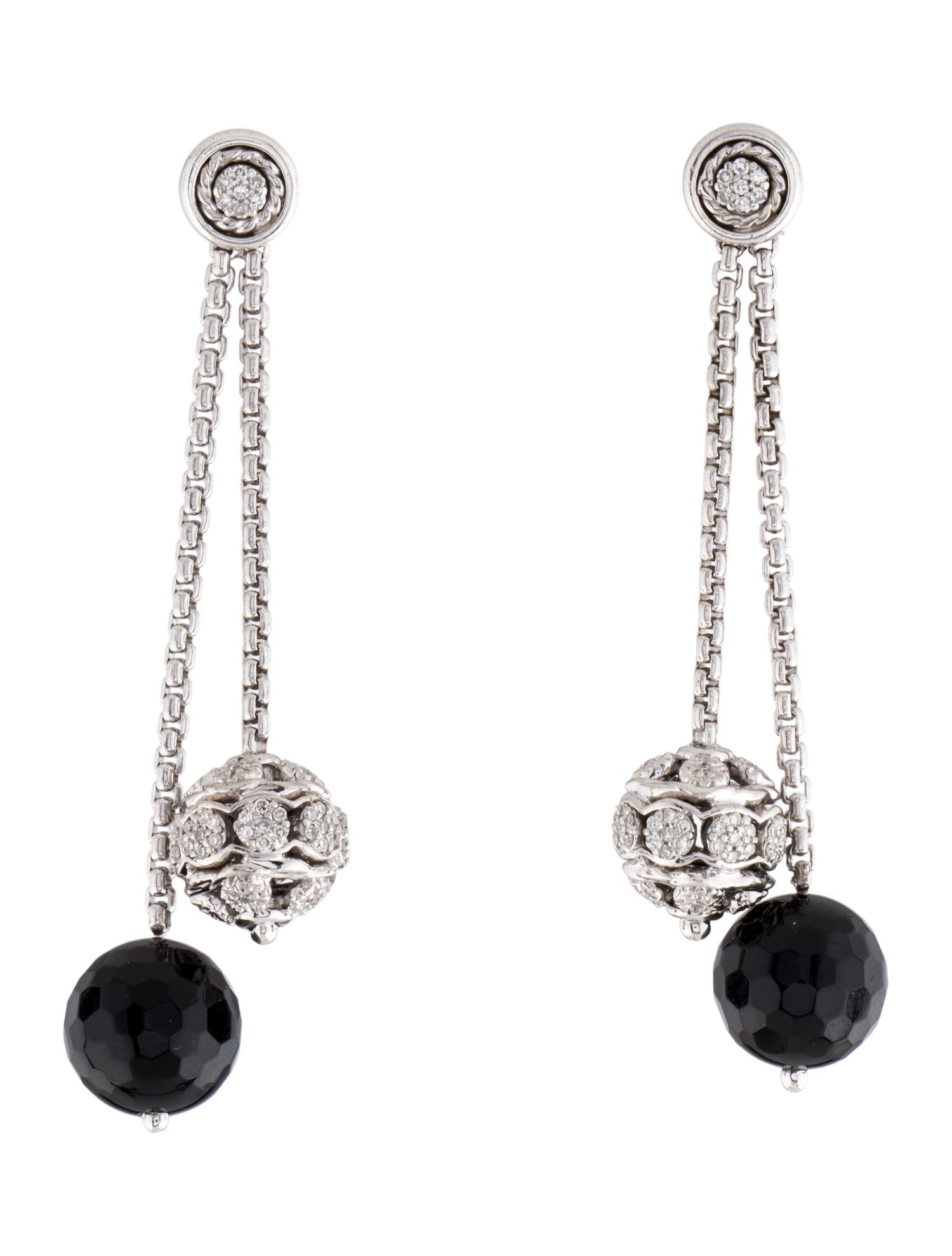 David Yurman Diamond & Onyx Ball Tassel Drop Earrings