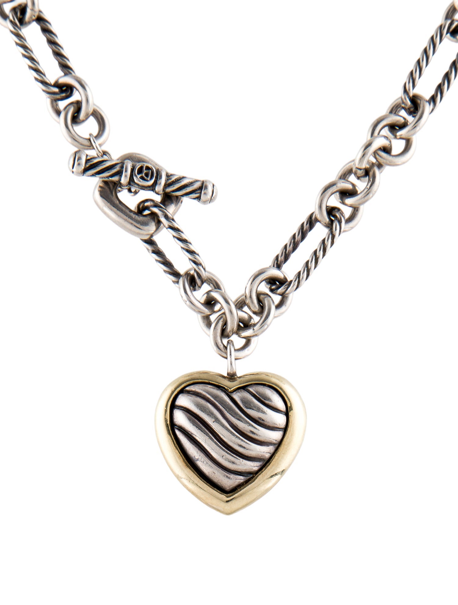 David Yurman Two-Tone Sculpted Cable Heart Figaro Chain Necklace