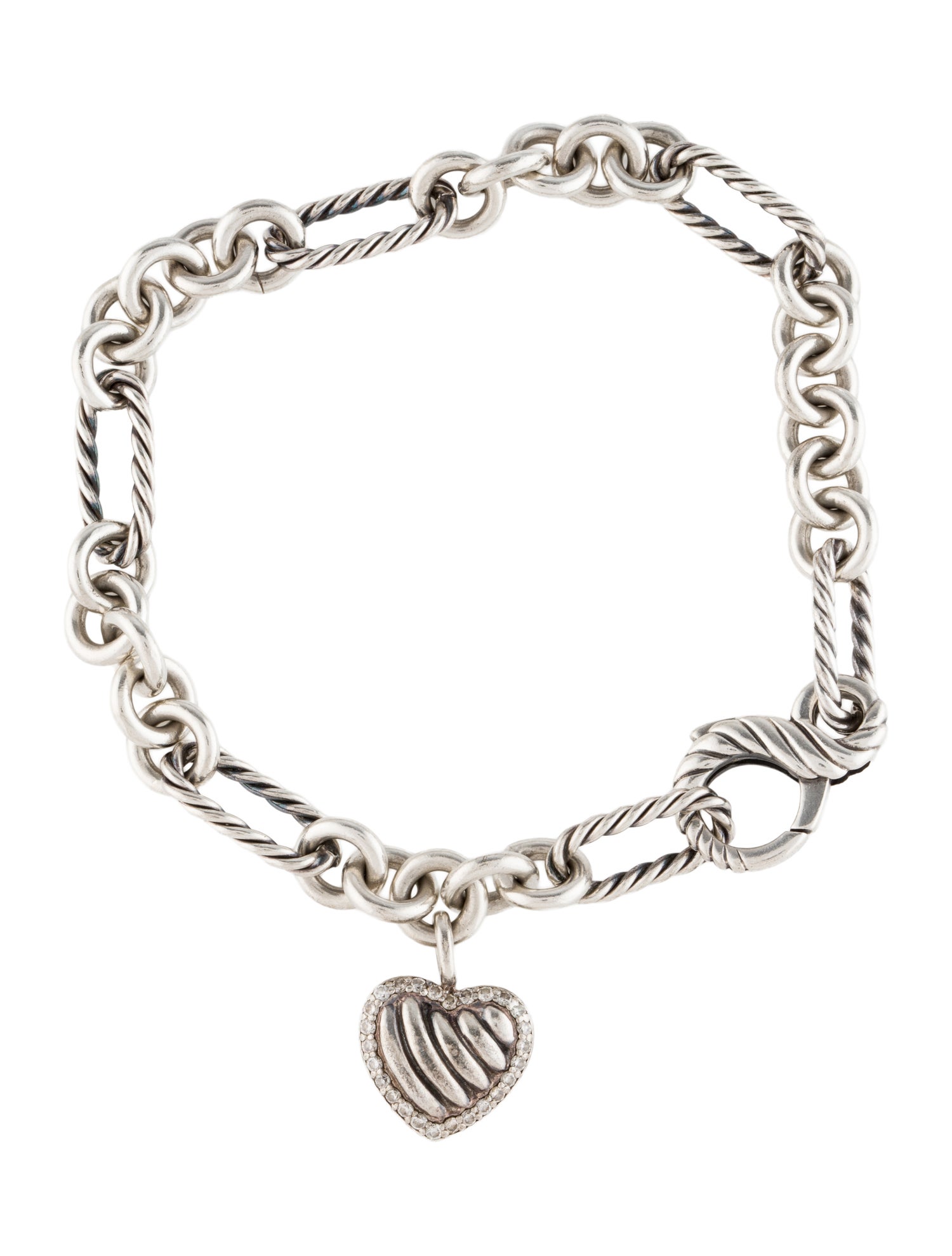 David Yurman Diamond Cable Heart Charm Bracelet