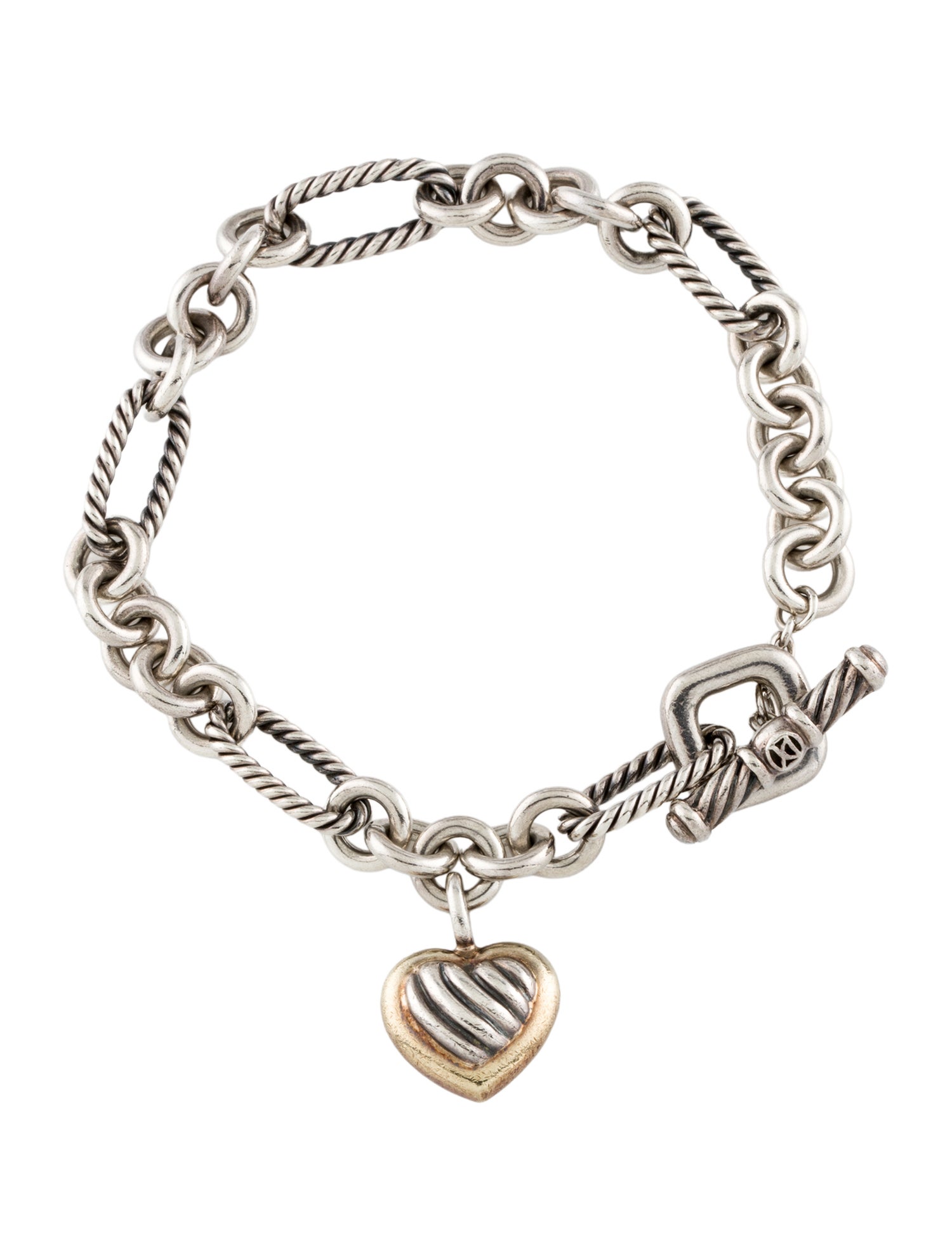 David Yurman Two-Tone Figaro Heart Charm Bracelet