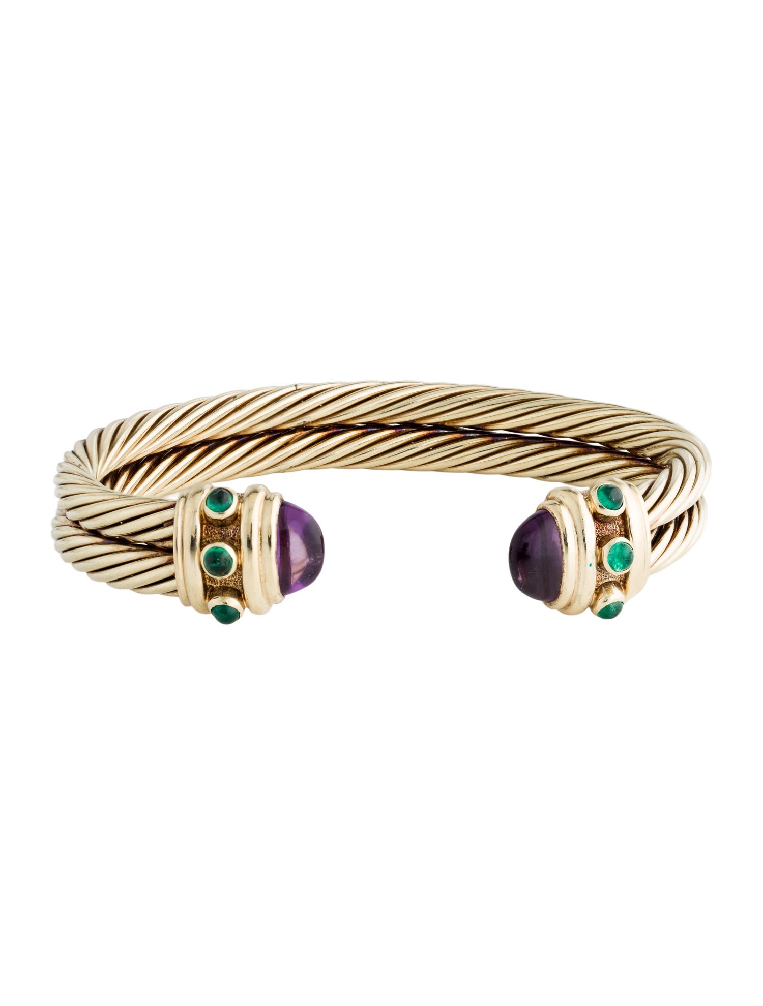 David Yurman 14K Amethyst & Emerald Double Cable Renaissance Cuff
