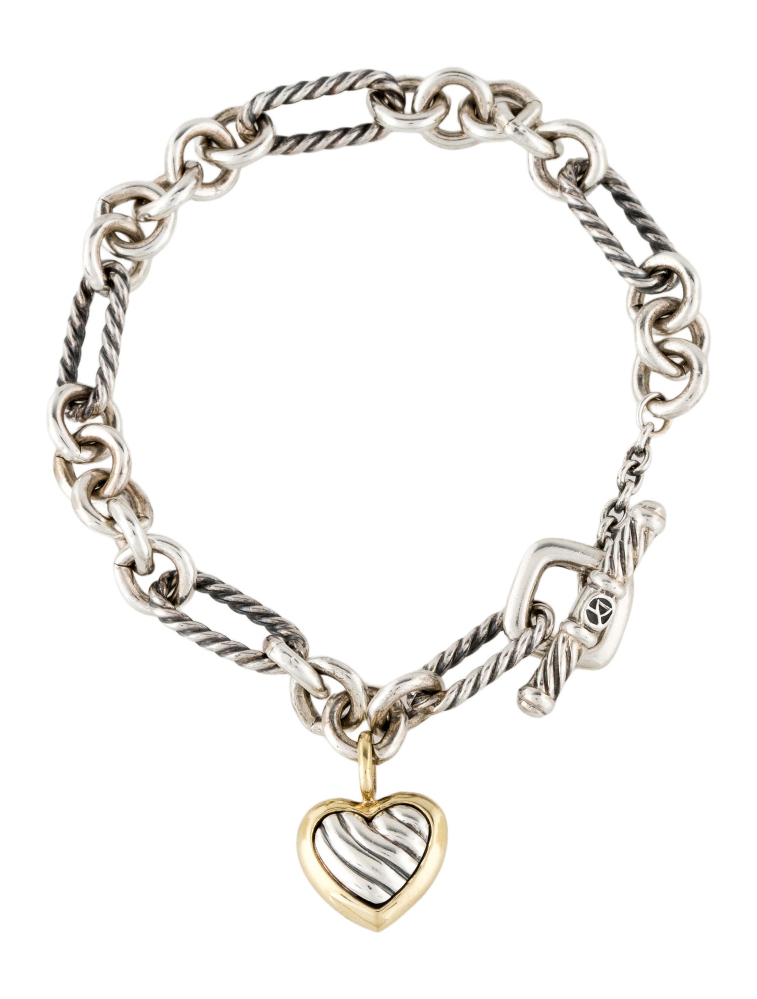 David Yurman Two-Tone Figaro Heart Charm Bracelet