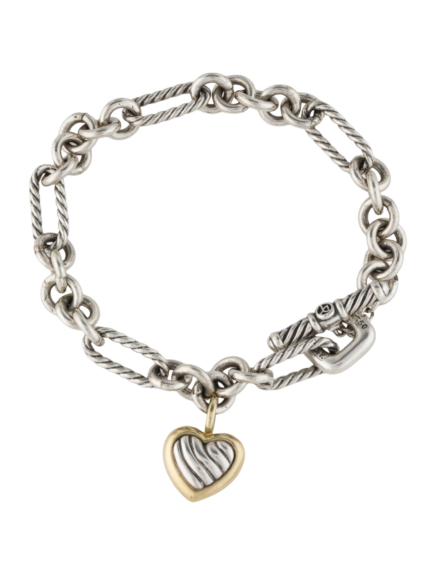 David Yurman Two-Tone Figaro Heart Charm Bracelet