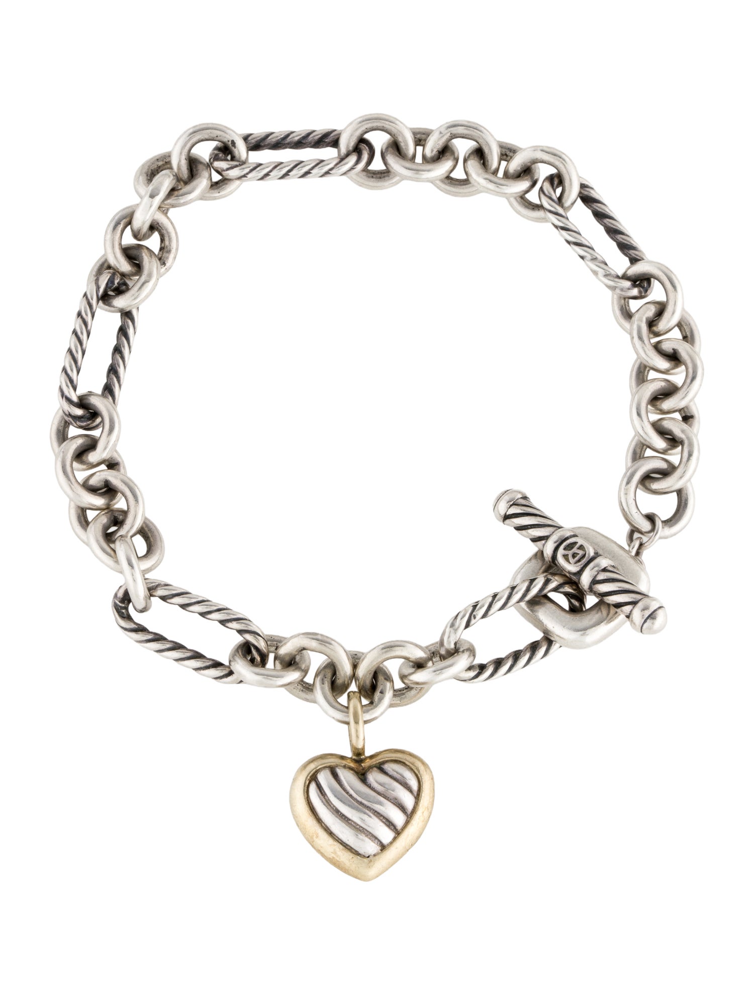 David Yurman Two-Tone Figaro Heart Charm Bracelet