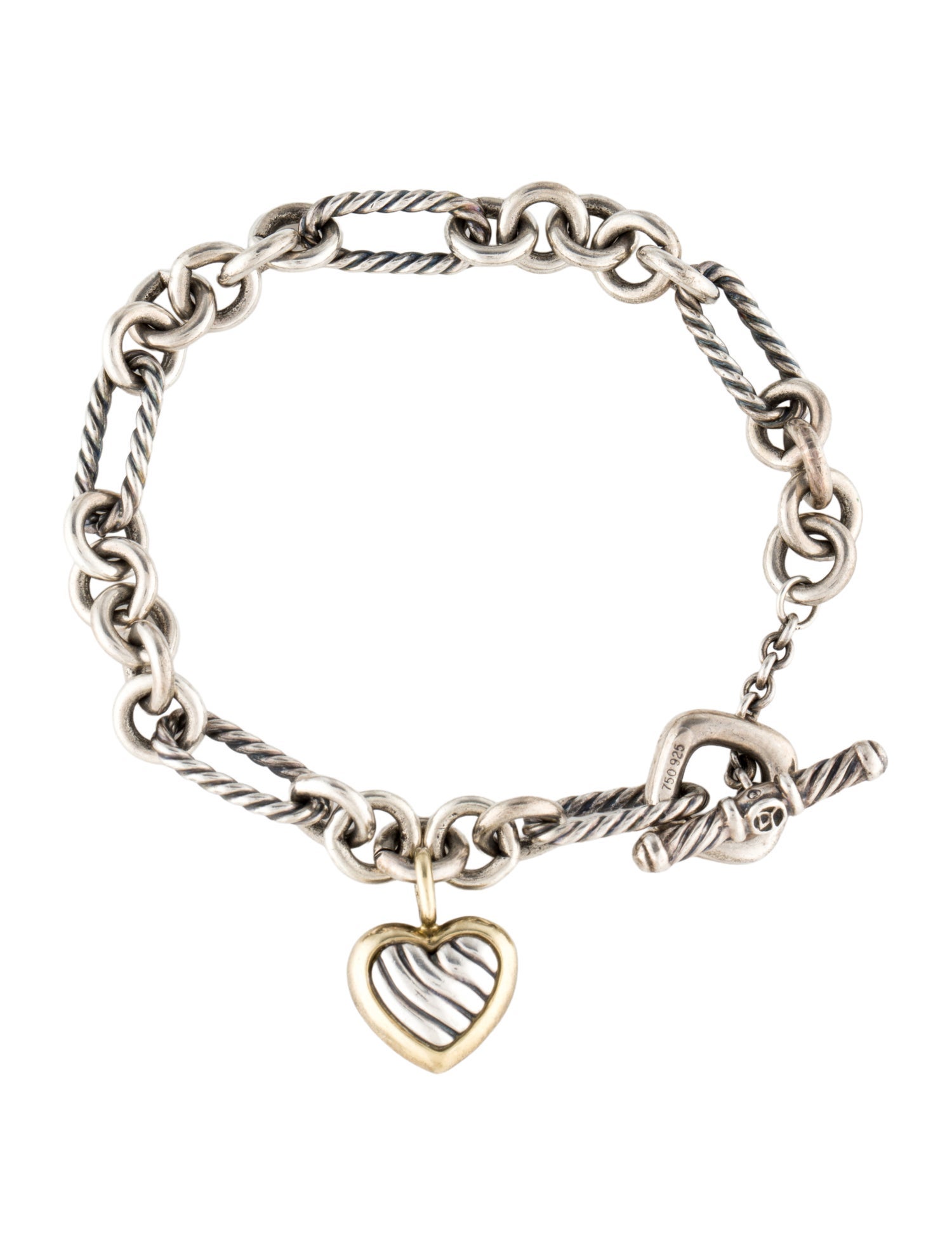 David Yurman Two-Tone Figaro Chain Cable Heart Charm Bracelet