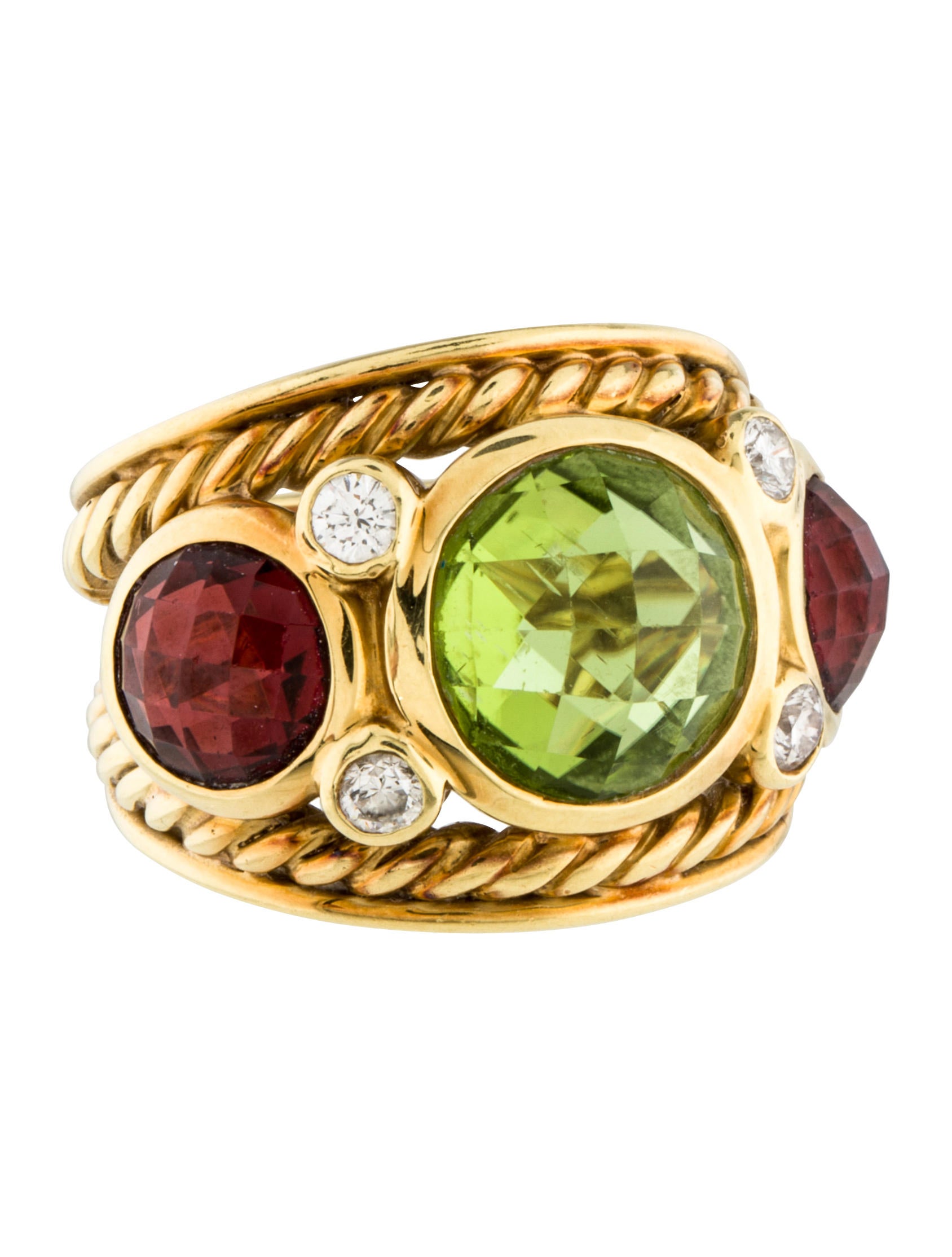 David Yurman 18K Peridot, Garnet & Diamond Ring