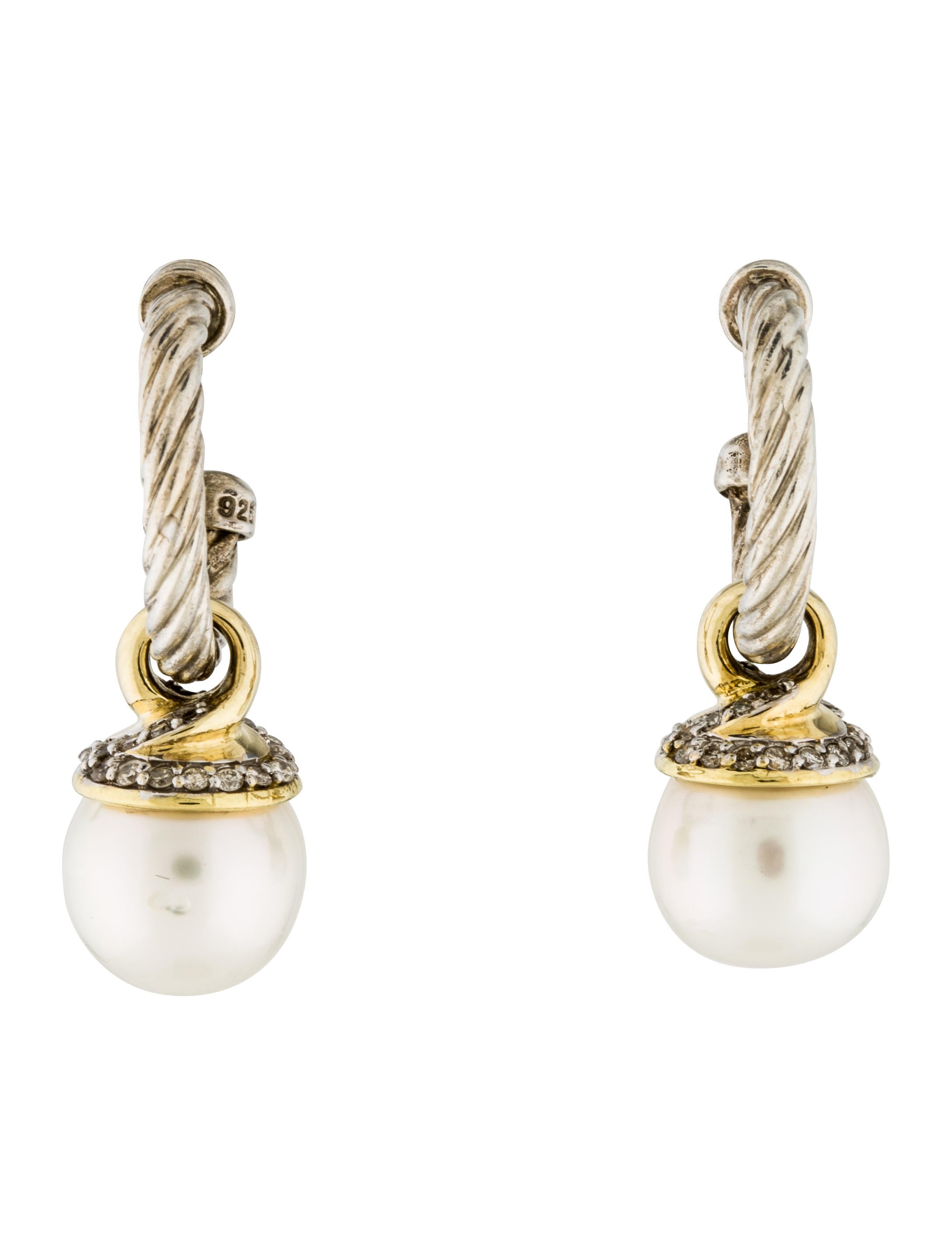 David Yurman Two-Tone Pearl & Diamond Drop Earrings