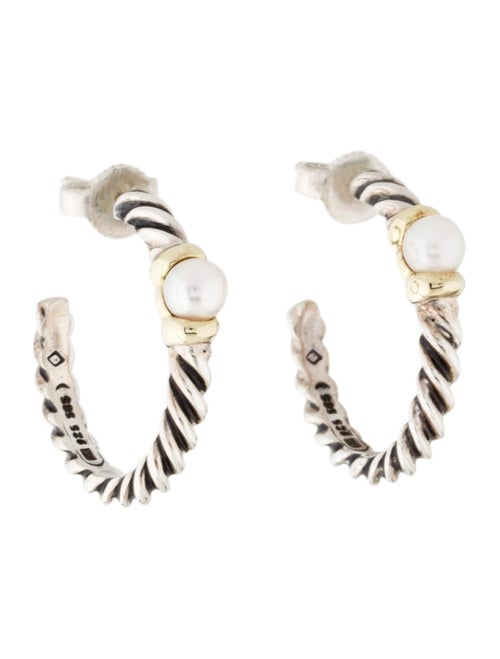 David Yurman Two-Tone Pearl Hoop Earrings Silver