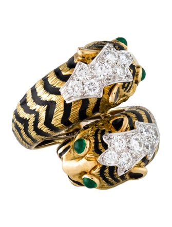 David Webb 18K Emerald, Diamond & Enamel Tiger Ring