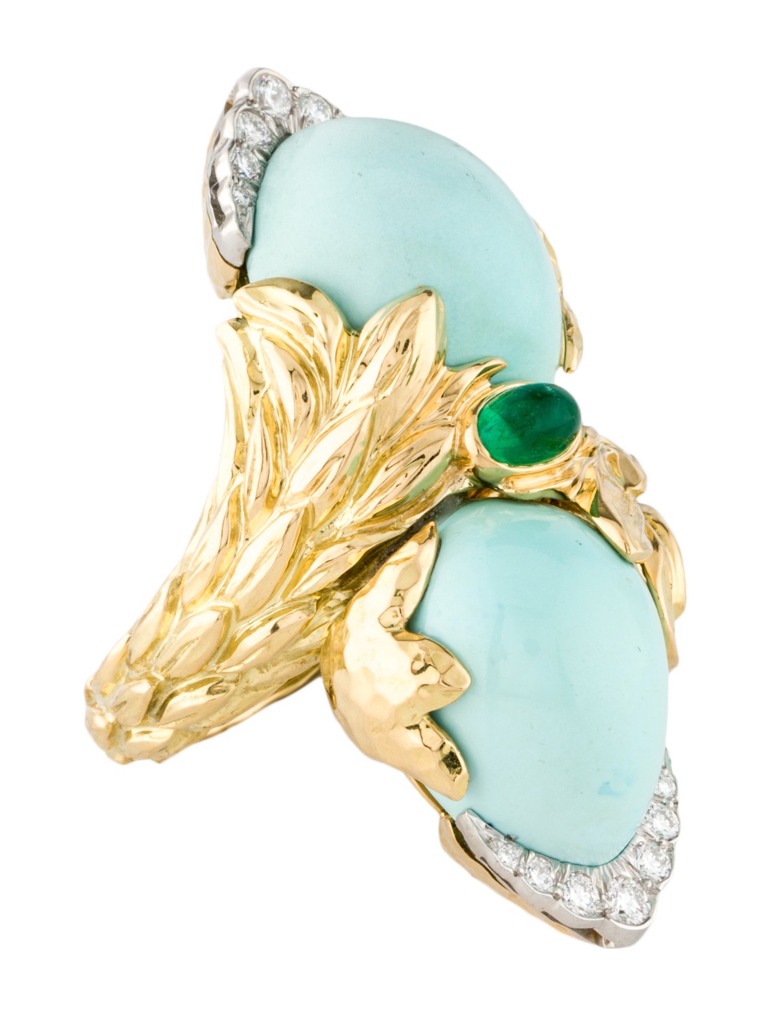 David Webb 18K 34.60ctw Turquoise, Emerald & Diamond Cocktail Ring