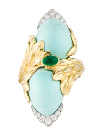 David Webb 18K 34.60ctw Turquoise, Emerald & Diamond Cocktail Ring