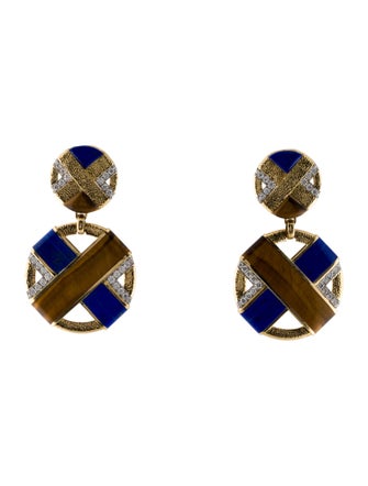 David Webb 18K Diamond, Lapis Lazuli & Tiger's Eye XO Earrings
