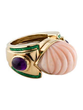David Webb 18K Coral, Enamel & Amethyst Cocktail Ring