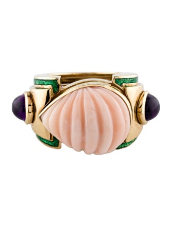 David Webb 18K Coral, Enamel & Amethyst Cocktail Ring