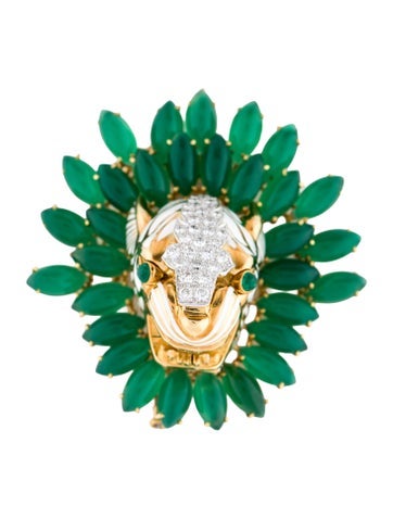 Pre-owned David Webb 18k 25.73ctw Dyed Chalcedony, Diamond & Emerald Tiger Brooch Pendant In White