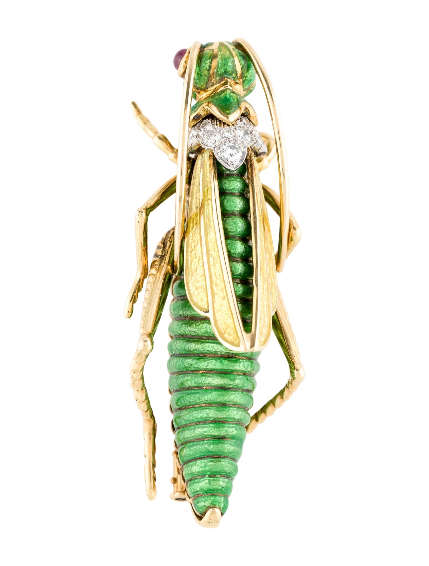 David Webb 18K Ruby, Diamond & Enamel Grasshopper Brooch Pin