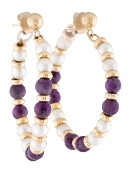 14K Pearl & Amethyst Hoop Earrings Yellow