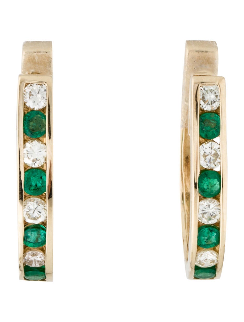Earrings 14K Emerald & Diamond Hoop Earrings 14K Yellow Gold Hoop