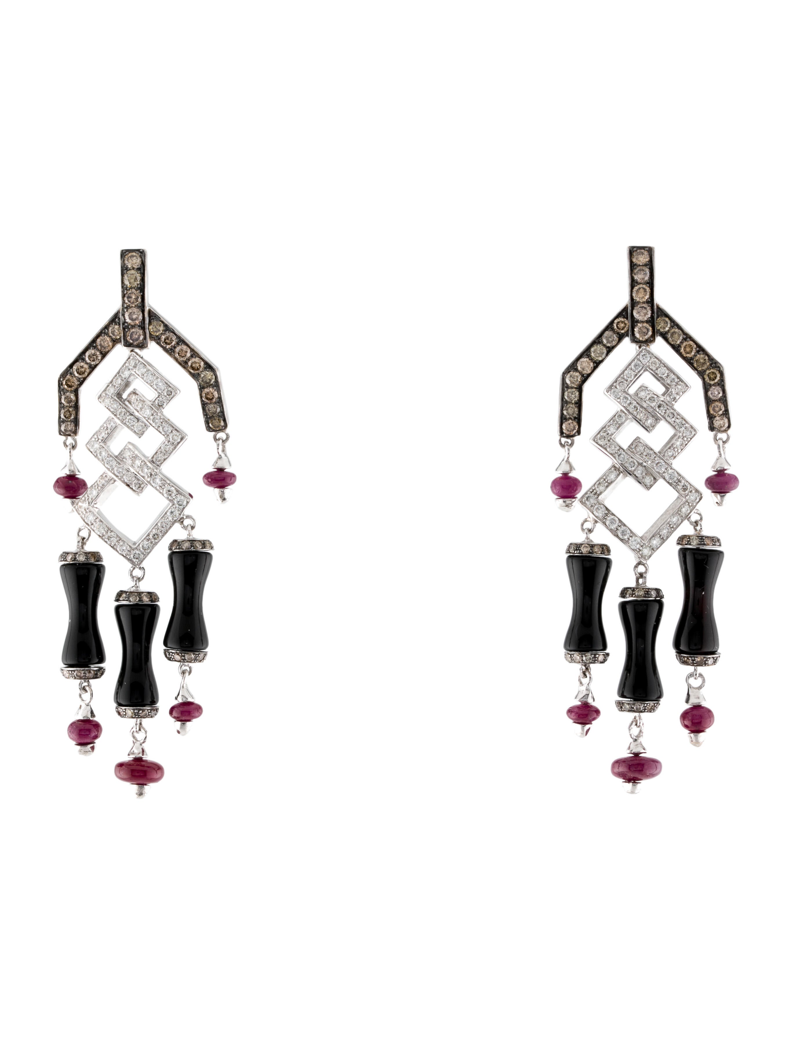 Earrings 18K Ruby, Onyx & Diamond ClipOn Drop Earrings Rhodium