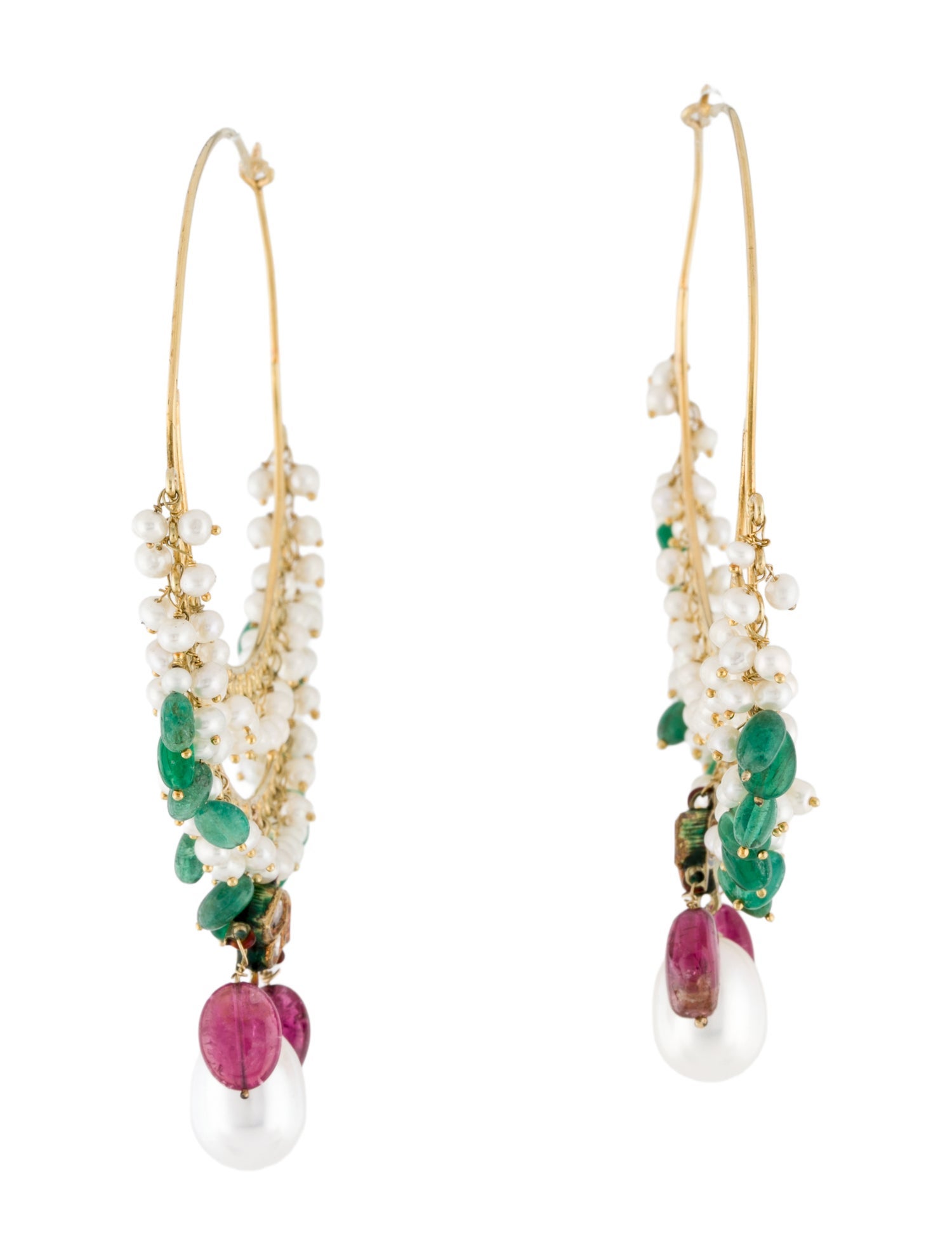 Earrings 14K Pearl, Diamond, Emerald & Tourmaline Fringe Hoop