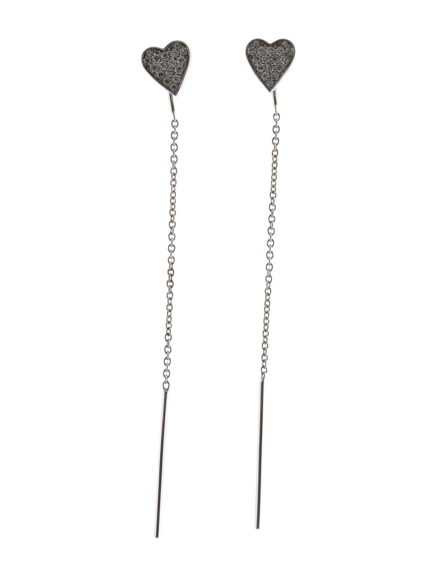 Earrings 14K Diamond Small Heart Chain Drop Earrings 14K White Gold