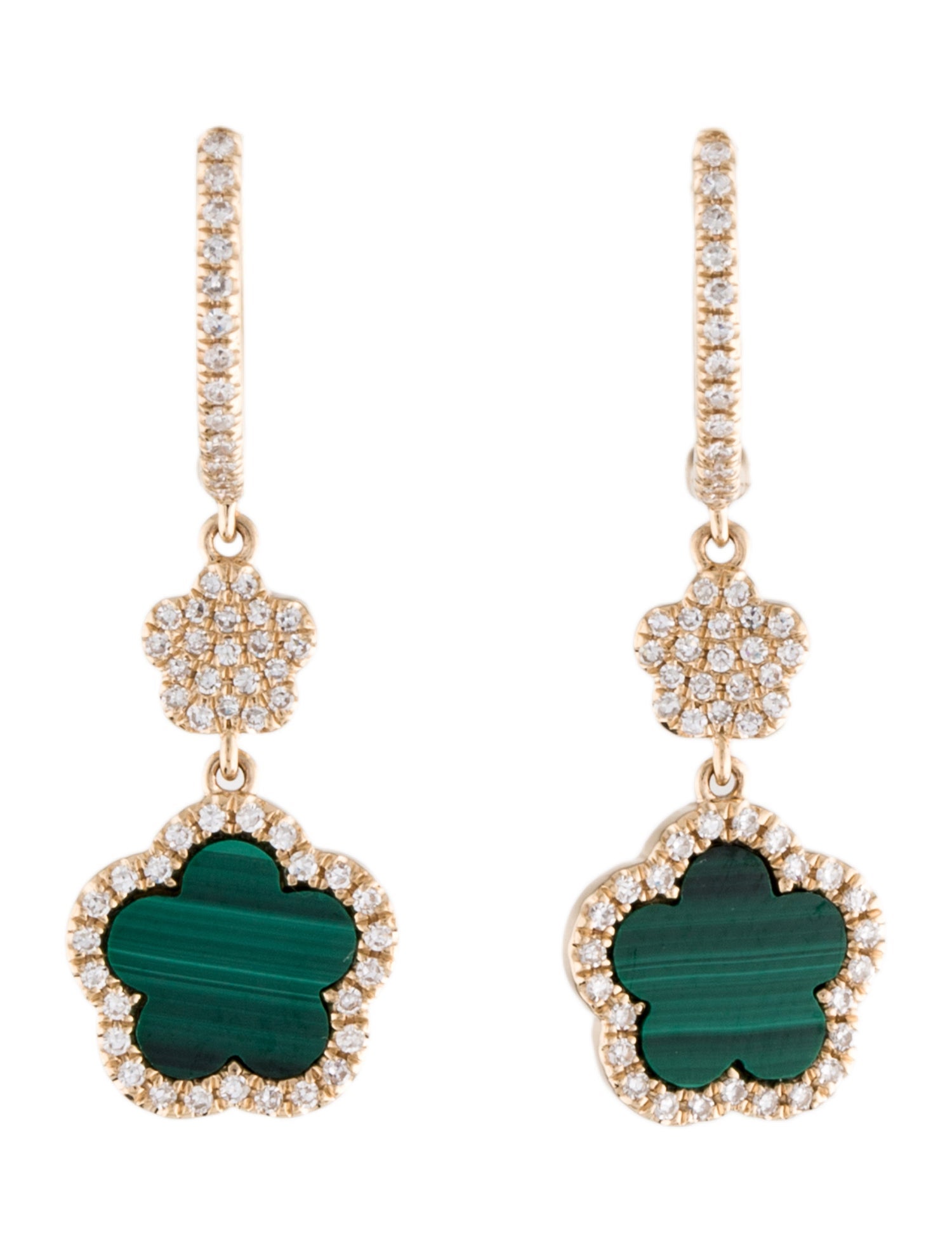 Earrings 14K Malachite & Diamond Clover Drop Earrings - 14K Yellow Gold ...