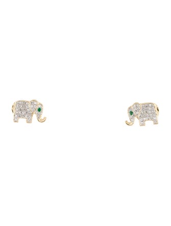 Earrings 14K Emerald & Diamond Elephant Stud Earrings