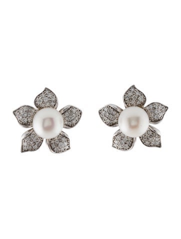 Earrings Earclip 14K Pearl & Diamond Floral 11.0-11.5mm