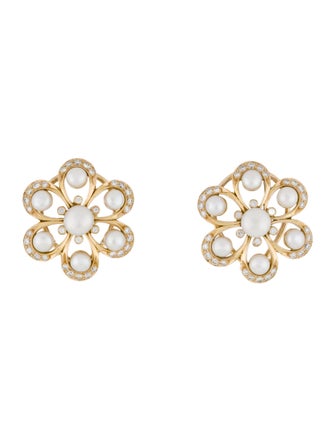 Earrings 18K Pearl & Diamond Flower Earclips