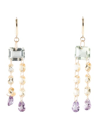 Earrings 14K Prasiolite, Citrine & Amethyst Drop Earrings