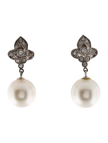 Earrings Drop 14K Pearl & Diamond Fleur de Lis 11.5-12.0mm