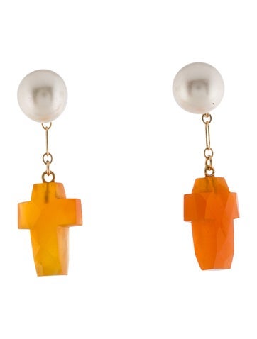 Earrings Drop 14K Pearl & Carnelian Cross 8.0-8.5mm