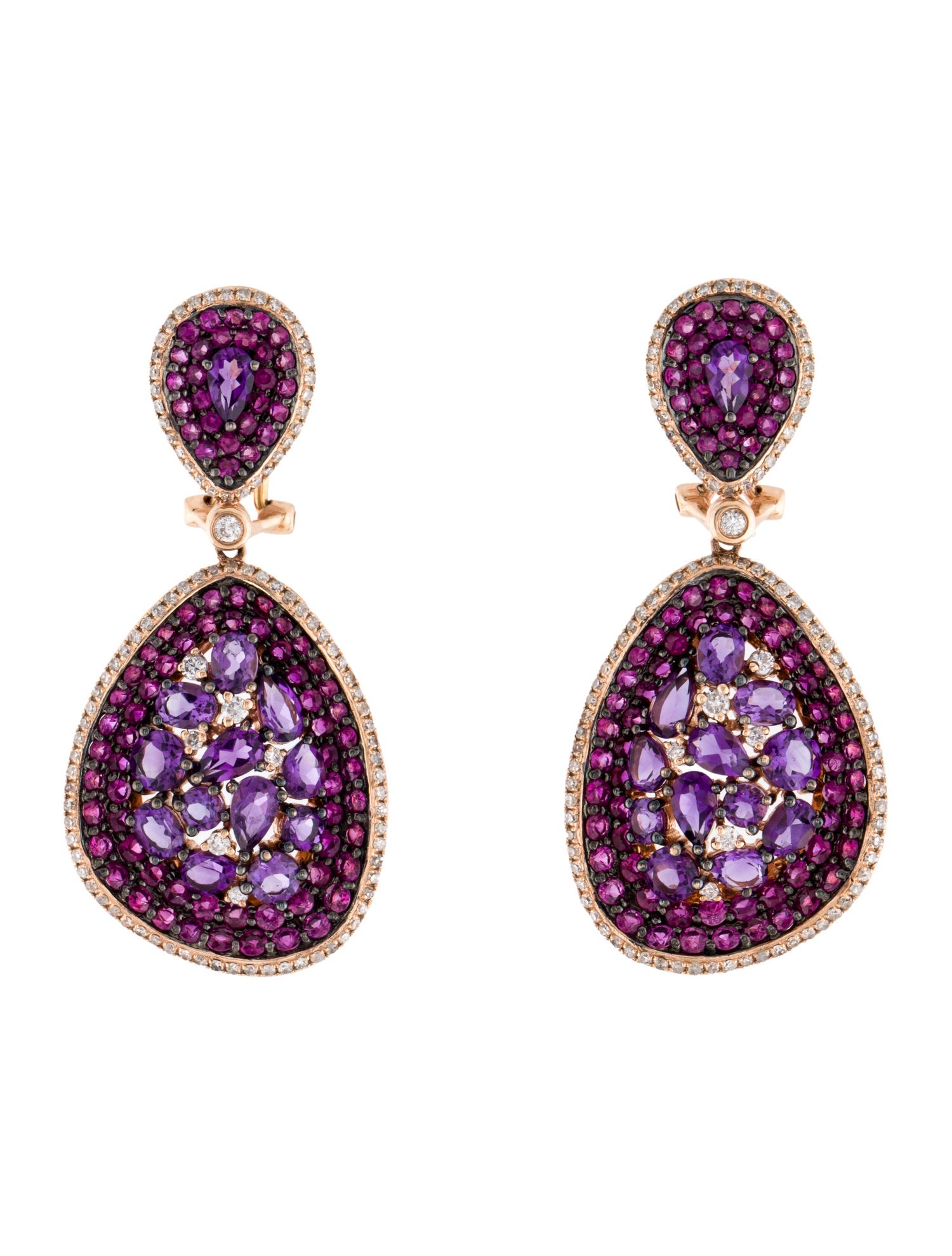 Earrings 14K Amethyst, Ruby, & Diamond Cluster Drop Earclips