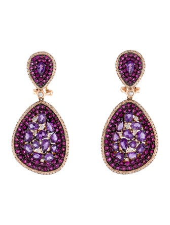 Earrings 14K Amethyst, Ruby, & Diamond Cluster Drop Earclips
