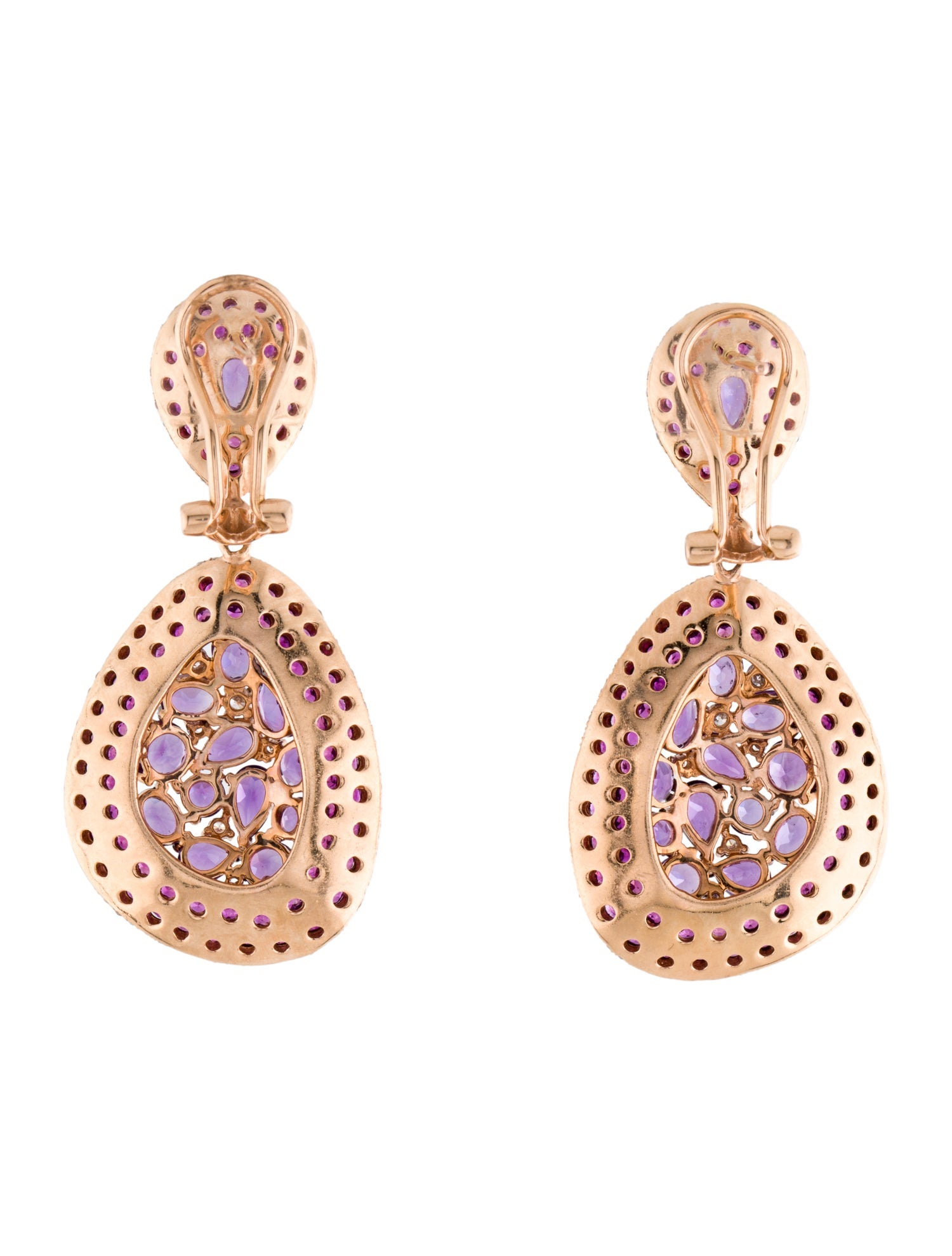 Earrings 14K Amethyst, Ruby, & Diamond Cluster Drop Earclips