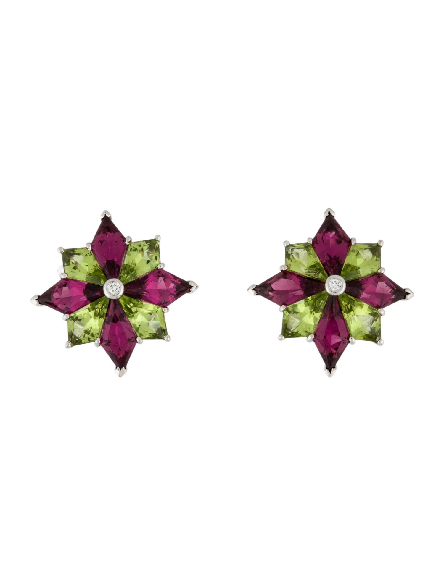 Earrings 18K Peridot, Tourmaline, & Diamond Earclips