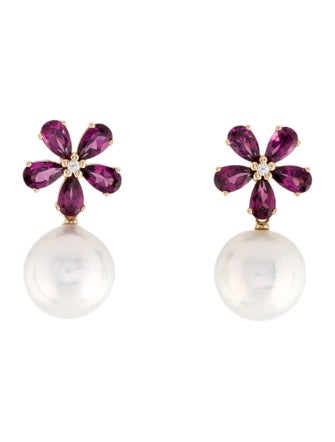 Earrings 14K Pearl, Rhodolite & Diamond Floral Drop Earrings