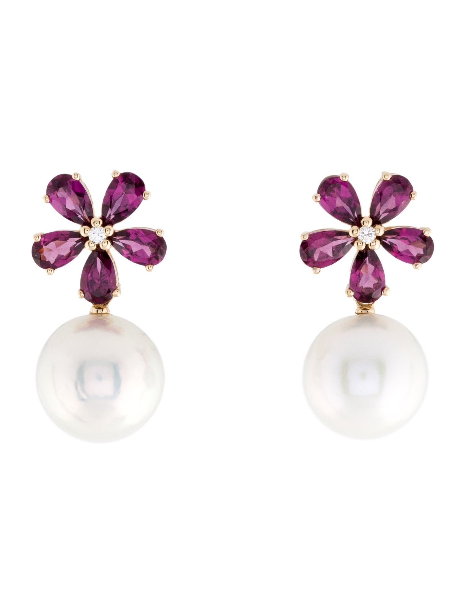 Earrings 14K Pearl, Rhodolite & Diamond Floral Drop Earrings