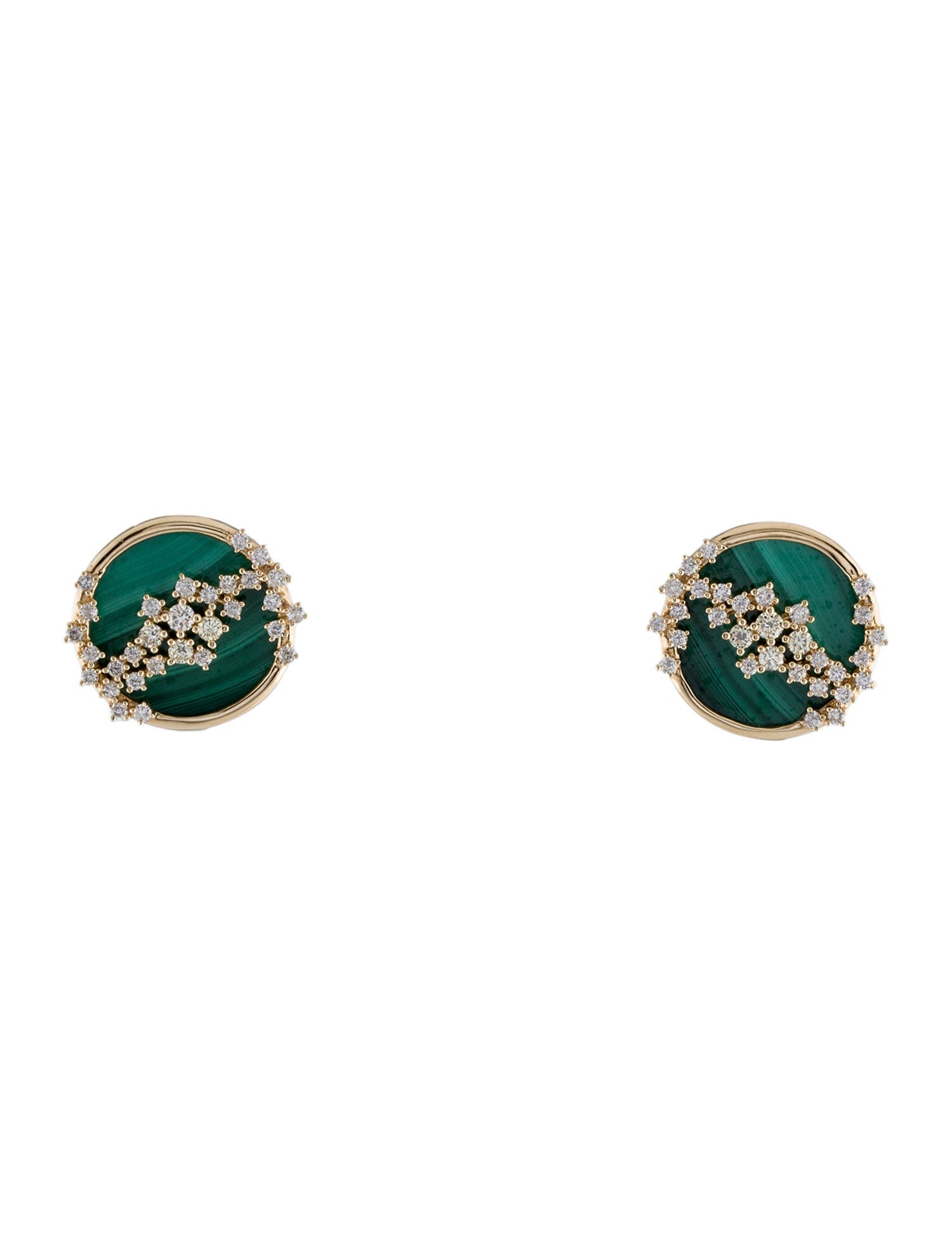 Earrings 14K 1.02ctw Diamond & Malachite Round Earclips