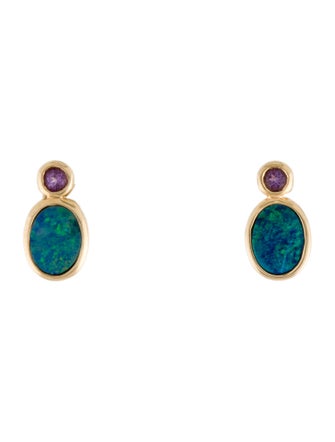 Earrings 14K Opal Doublet & Amethyst Double Bezel Earrings