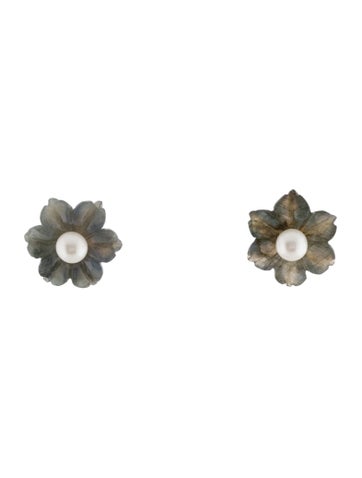 Earrings Stud 14K Pearl & Labradorite Convertible Flower 7.0-7.5mm