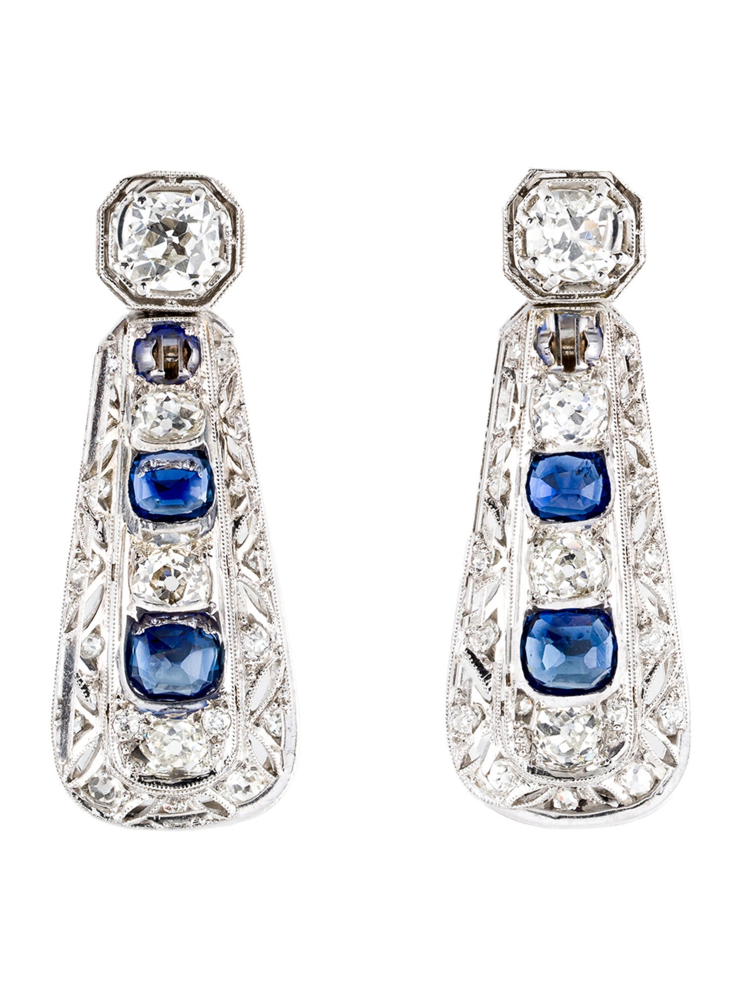 Earrings Antique Platinum 3.41ctw Sapphire, Synthetic Sapphire & Diamond Drop Earrings
